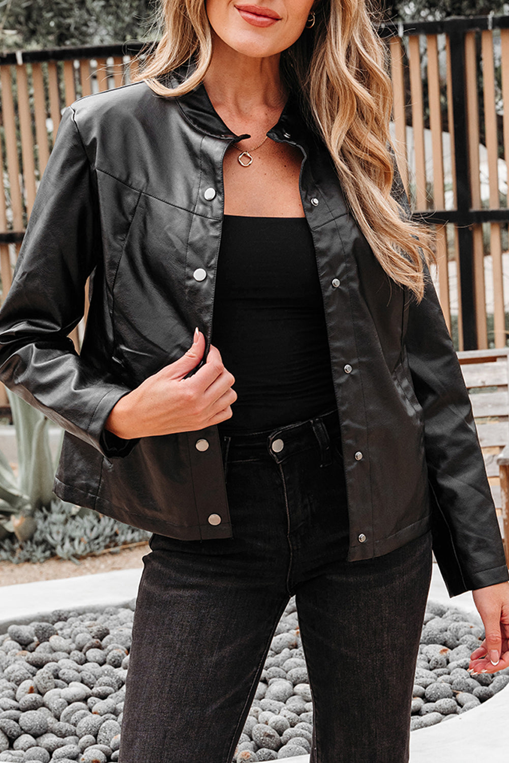 Black Faux Leather Buttoned Front Boxy Jacket Jackets JT's Designer Fashion