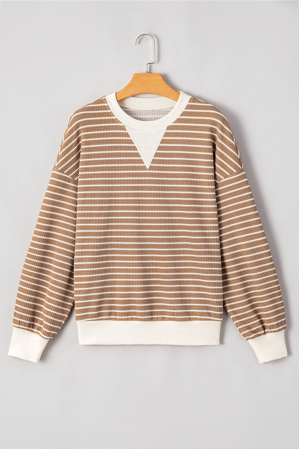 Khaki Stripe Patched Edge Textured Round Neck Long Sleeve Top Long Sleeve Tops JT's Designer Fashion