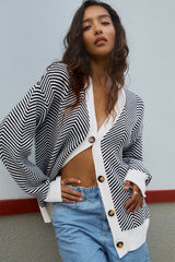 Black Stripe Buttoned Front V Neck Herringbone Cardigan Cardigans JT's Designer Fashion