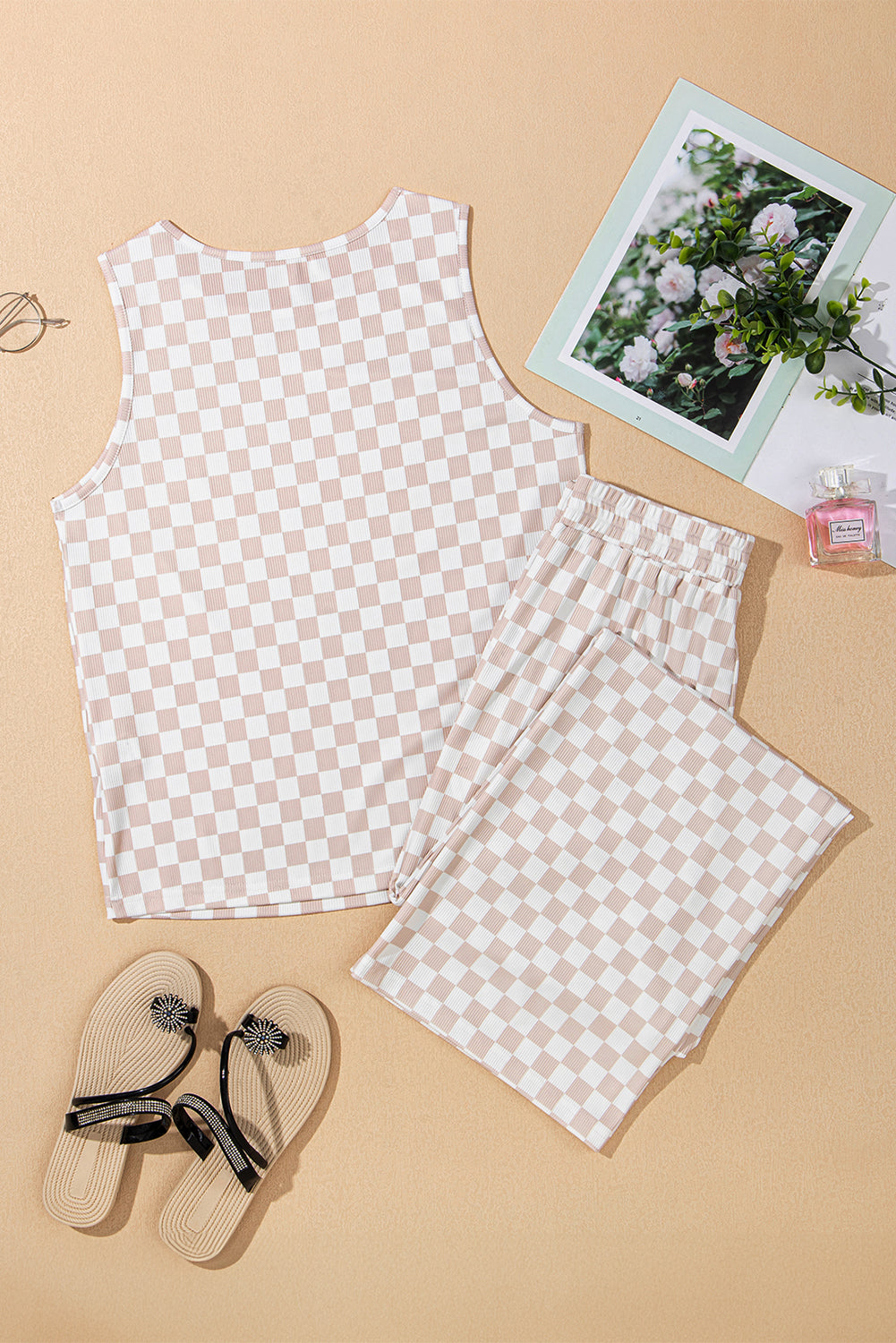 White Ribbed Texture Checkered Print 2pcs Tank and Pants Set Pant Sets JT's Designer Fashion