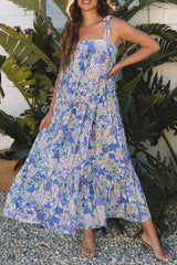 Sky Blue Floral Print Self-tie Straps Flowy Ruffle Long Dress Maxi Dresses JT's Designer Fashion