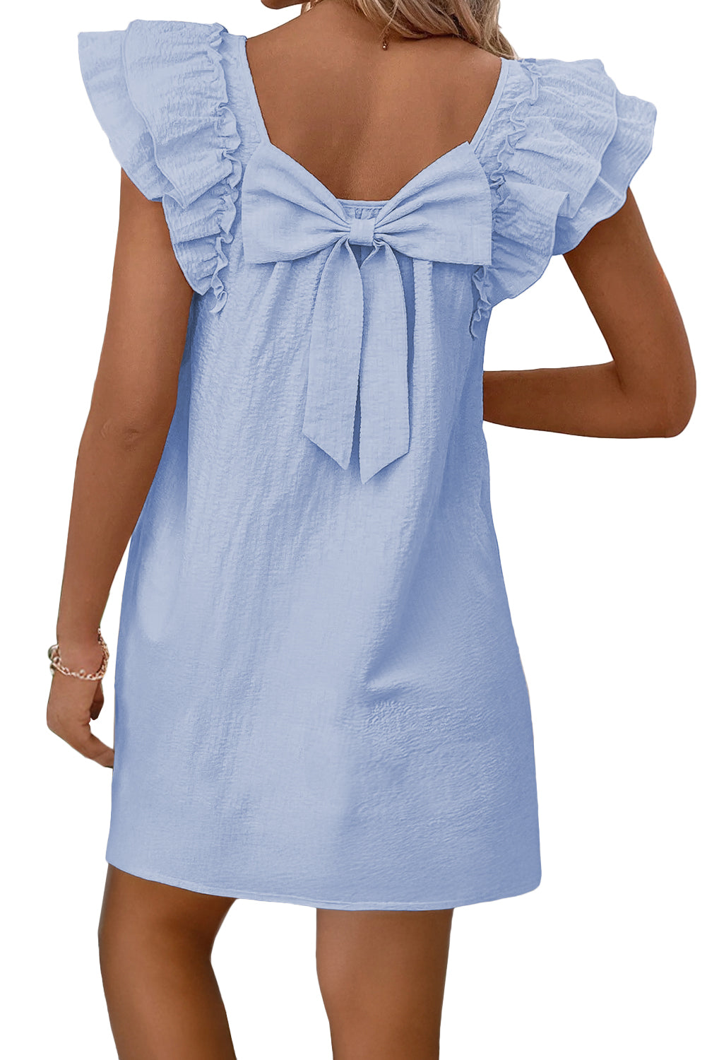 Beau Blue Textured Flutter Sleeve Square Neck Bow Back Mini Dress Dresses JT's Designer Fashion