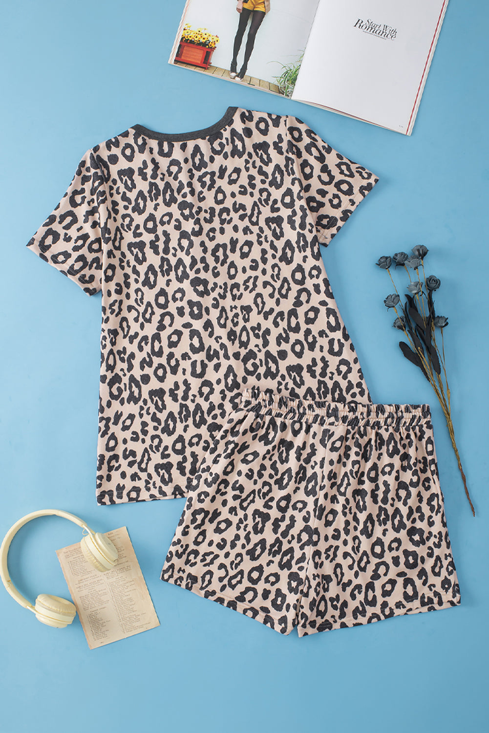 Multicolour Leopard Button V Neck Tee and Drawstring Shorts Set Short Sets JT's Designer Fashion