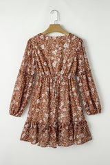 Brown Boho Floral Ruffled Puff Sleeve V Neck Mini Dress Floral Dresses JT's Designer Fashion