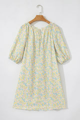 Green Floral Half Sleeve Frilled U Neck A-line Short Dress Floral Dresses JT's Designer Fashion