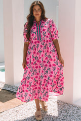 Pink Floral Contrast Neckline A-line Puff Sleeve Long Dress Maxi Dresses JT's Designer Fashion