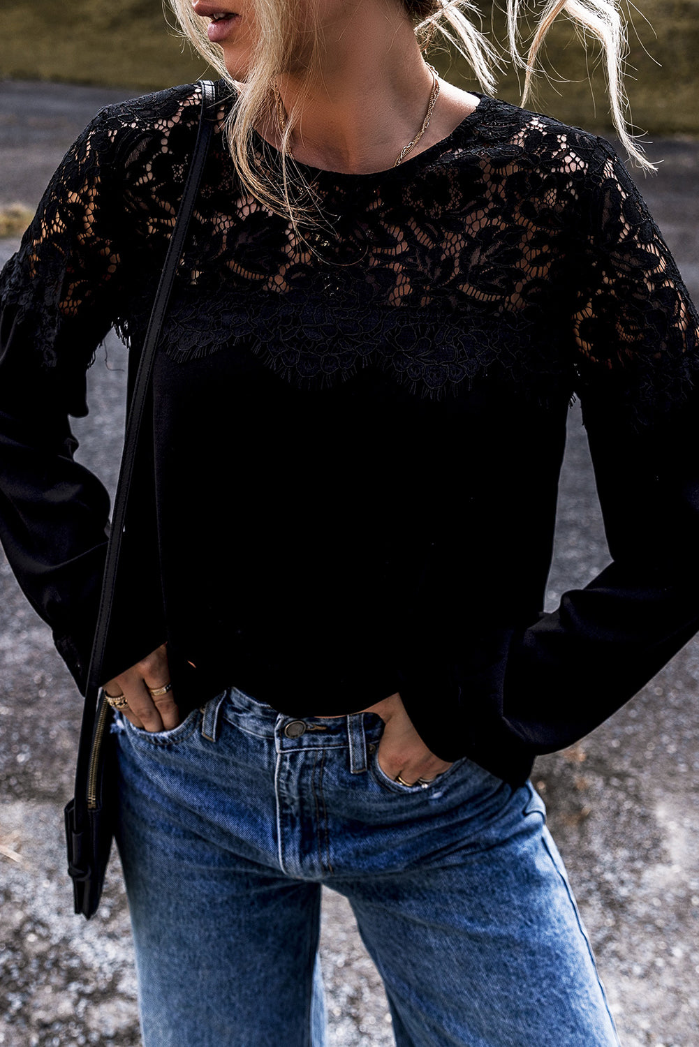 Black Lace Crochet Patchwork O Neck Long Sleeve Top Long Sleeve Tops JT's Designer Fashion