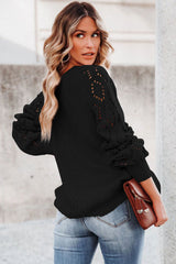 Black Hollow-out Puffy Sleeve Knit Sweater Sweaters JT's Designer Fashion