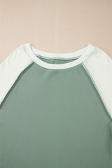 Mint Green Ribbed Colorblock Patchwork Raglan Long Sleeve Top Long Sleeve Tops JT's Designer Fashion