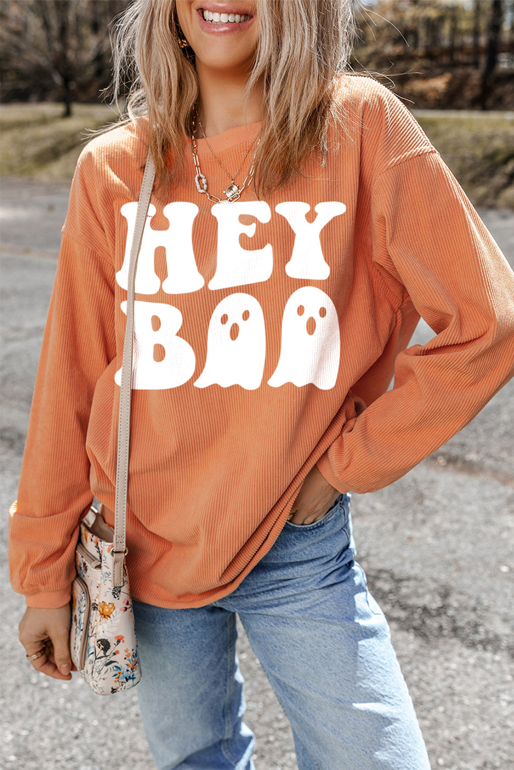 Orange Halloween Hey Boo Ghost Print Loose Sweatshirt Graphic Sweatshirts JT's Designer Fashion