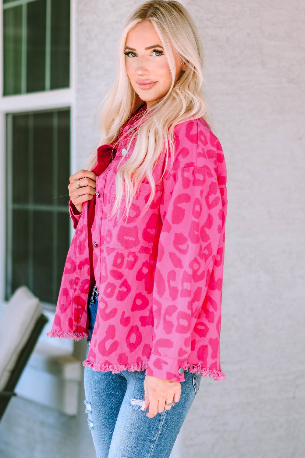 Pink Leopard Print Button Cuffs Raw Hem Jacket Denim Jackets JT's Designer Fashion
