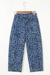 Blue Leopard Printed Drawstring Elastic Waistband Pocketed Wide Leg Jeans Jeans JT's Designer Fashion