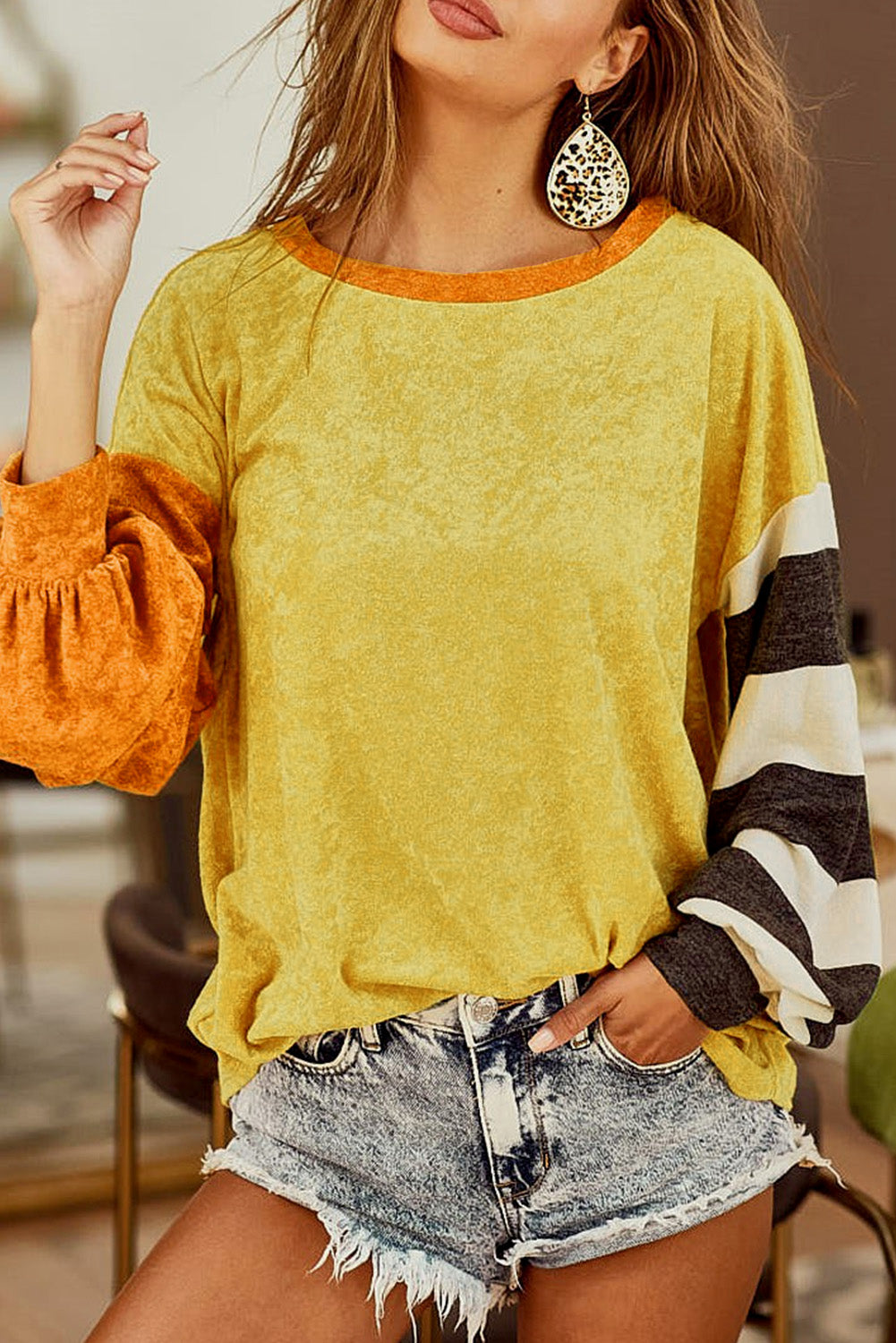 Ginger Colorblock Striped Sleeve Patchwork Drop Shoulder Top Long Sleeve Tops JT's Designer Fashion