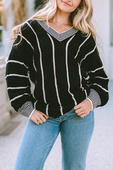 Black Colorblock Striped V Neck Knitted Loose Sweater Sweaters JT's Designer Fashion