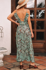 Green Floral Print V Neck Ruffled Trim Backless Tassel Waist Maxi Dress Floral Dresses JT's Designer Fashion