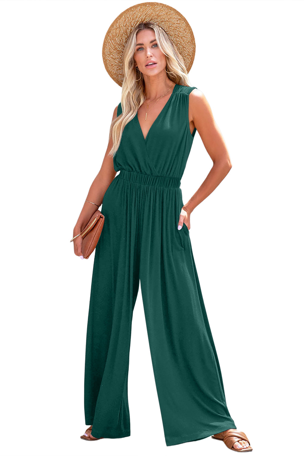Blackish Green Deep V Pleated Crisscross Wide Leg Backless Jumpsuit Jumpsuits & Rompers JT's Designer Fashion