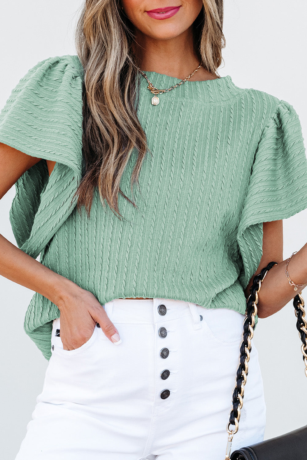 Moonlight Jade Solid Color Textured Flutter Sleeve Top Blouses & Shirts JT's Designer Fashion