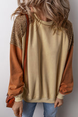Khaki Lace Patchwork Colorblock Drop Shoulder Sweatshirt Sweatshirts & Hoodies JT's Designer Fashion