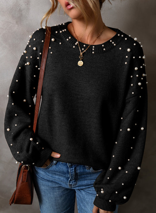 Black Pearled Drop Shoulder Round Neck Sweater Black 50%Viscose+28%Polyester+22%Polyamide Sweaters JT's Designer Fashion