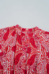 Red Paisley Print Side Slit Puff Sleeve High Waist Long Dress Maxi Dresses JT's Designer Fashion