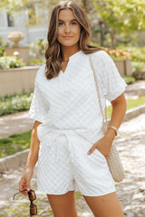 White Textured Split Neck Top and Drawstring Shorts Set Short Sets JT's Designer Fashion