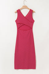 Red Stripe Criss Cross Side Slits Slim Fit Sleeveless Midi Dress Midi Dresses JT's Designer Fashion