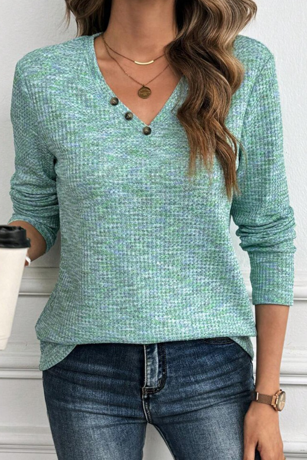 Moonlight Jade Buttoned V Neck Textured Knit Long Sleeve Top Long Sleeve Tops JT's Designer Fashion