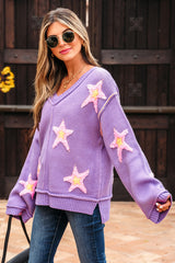 Lavendula Brushed Star Graphic V Neck Drop Shoulder Oversize Sweater Sweaters JT's Designer Fashion