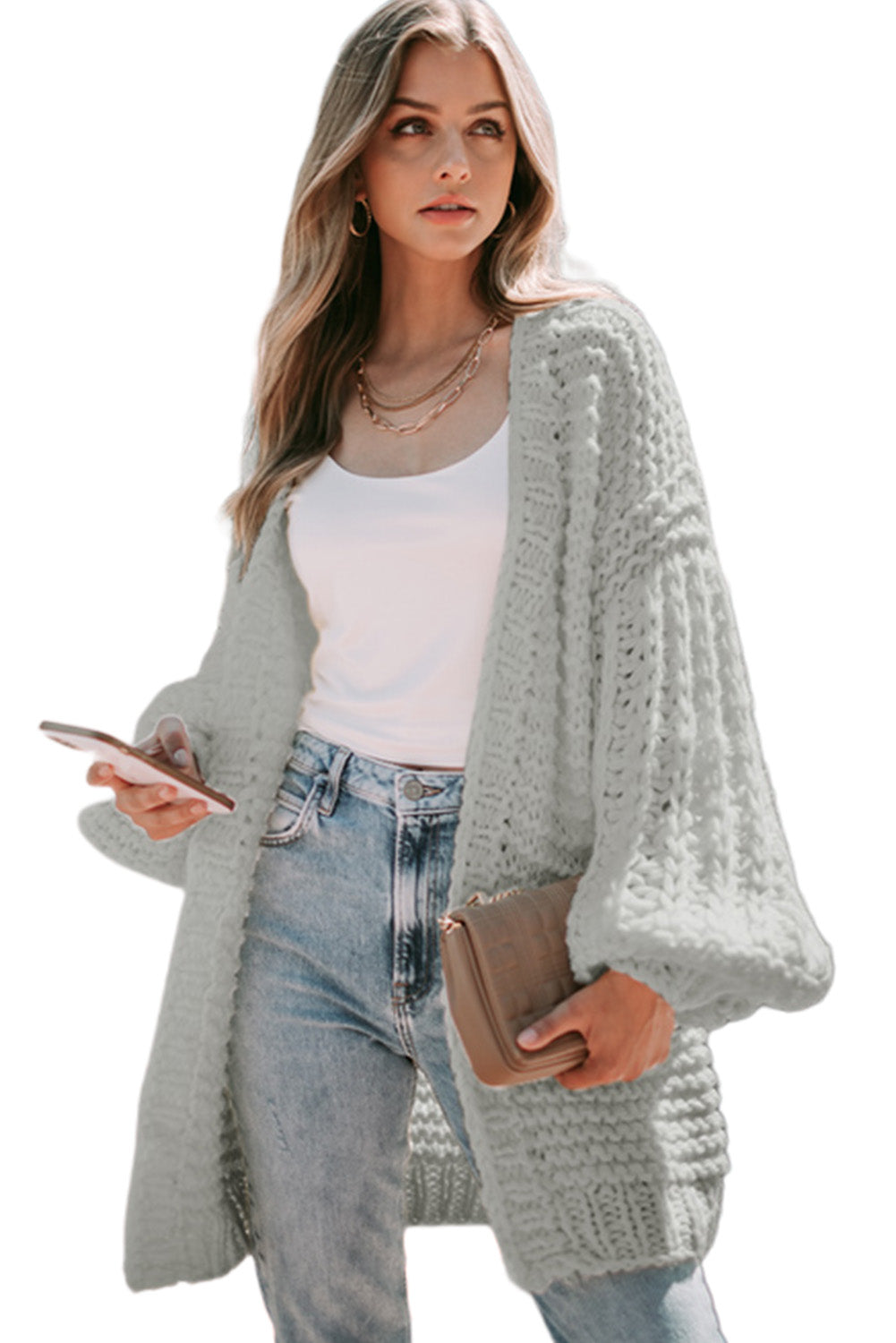 Gray Chunky Oversize Knit Drop Shoulder Puff Sleeve Cardigan Cardigans JT's Designer Fashion