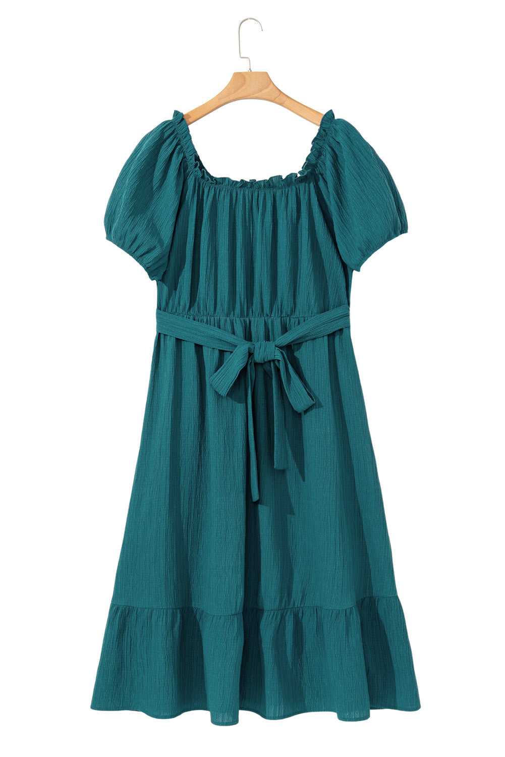 Skobeloff Frilled U Neck Puff Sleeve Belted Ruffle Hem Plus Size Midi Dress Plus Size Mini Dresses JT's Designer Fashion
