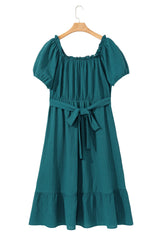 Skobeloff Frilled U Neck Puff Sleeve Belted Ruffle Hem Plus Size Midi Dress Plus Size Mini Dresses JT's Designer Fashion