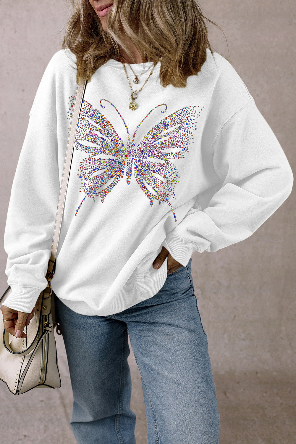White Rhinestone Butterfly Graphic Crewneck Oversized Sweatshirt Graphic Sweatshirts JT's Designer Fashion