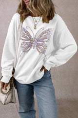 White Rhinestone Butterfly Graphic Crewneck Oversized Sweatshirt Graphic Sweatshirts JT's Designer Fashion