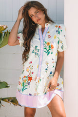 White Floral Print Contrast Striped Patchwork Short Puff Sleeve Dress Floral Dresses JT's Designer Fashion