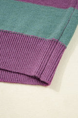Green Stripe Drop Shoulder Ribbed Edge Casual Sweater Sweaters JT's Designer Fashion