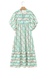 Multicolour Striped Floral Print Tie Split Neck Puff Sleeve Midi Dress Floral Dresses JT's Designer Fashion