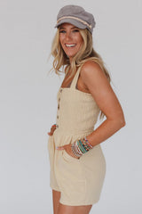 Beige Buttons Smocked Sleeveless Romper Bottoms JT's Designer Fashion