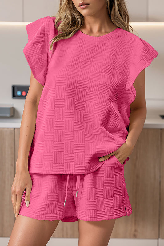 Bonbon Textured Ruffled Sleeve Tee and Drawstring Elastic Waistband Shorts Set Bonbon 95%Polyester+5%Elastane Short Sets JT's Designer Fashion