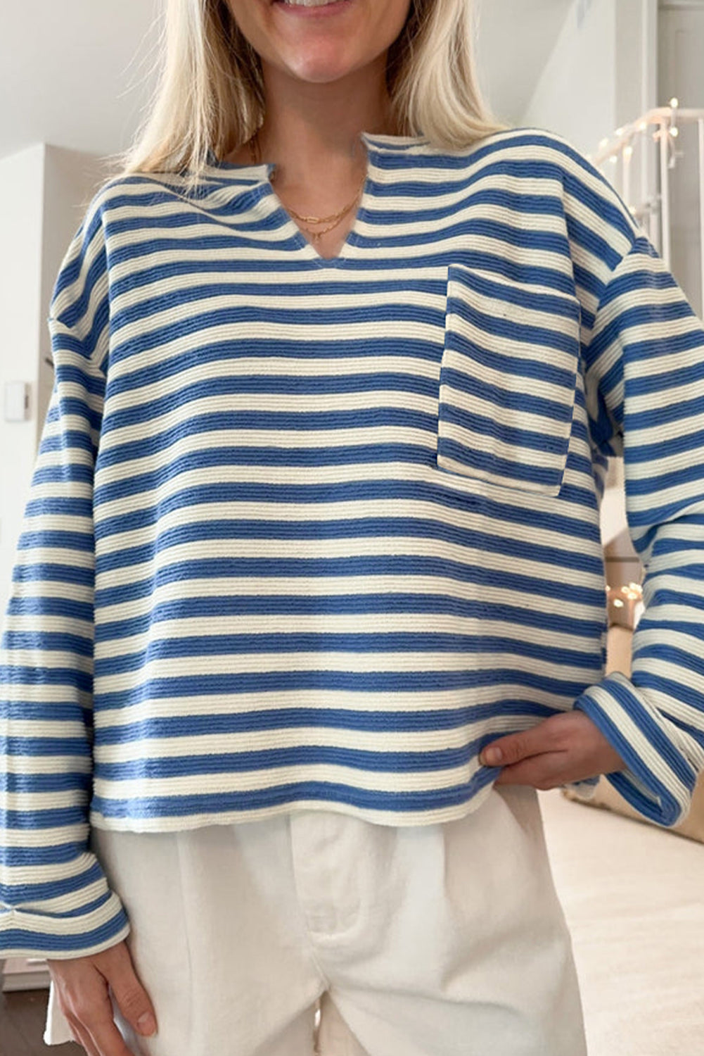Sky Blue Stripe Chest Pocket Buttoned Back Notched V Neck Top Long Sleeve Tops JT's Designer Fashion
