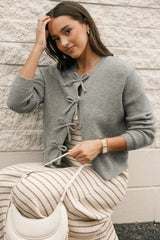 Philippine Gray Ribbed Knit Bow Front Buttoned Cardigan Cardigans JT's Designer Fashion