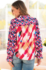 Rose Red Abstract Geometric Pattern Patchwork Puff Sleeve Blouse Blouses & Shirts JT's Designer Fashion