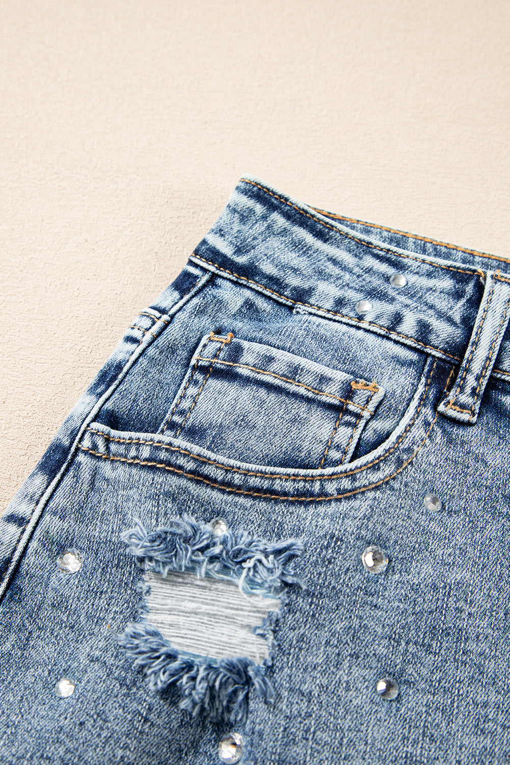Dusk Blue Rhinestone Distressed Denim High Waist Mini Skirt Skirts & Petticoat JT's Designer Fashion