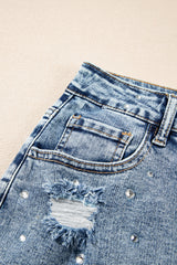 Dusk Blue Rhinestone Distressed Denim High Waist Mini Skirt Skirts & Petticoat JT's Designer Fashion