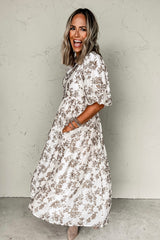 Khaki Floral Puff Sleeve V Neck Buttoned Front Long Dress Maxi Dresses JT's Designer Fashion