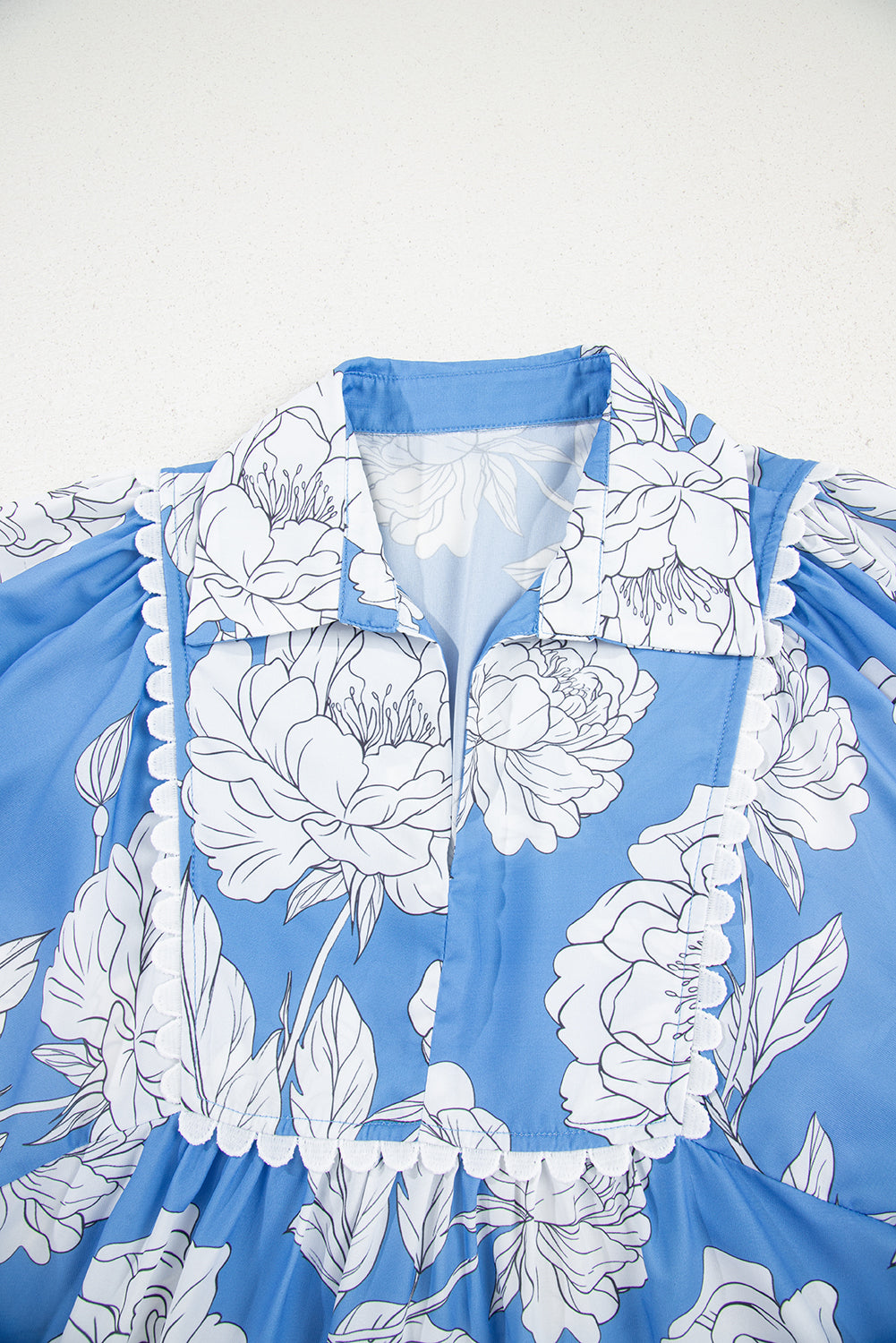 Sky Blue Floral Ricrac Trim Collared Puff Sleeve Loose Blouse Blouses & Shirts JT's Designer Fashion