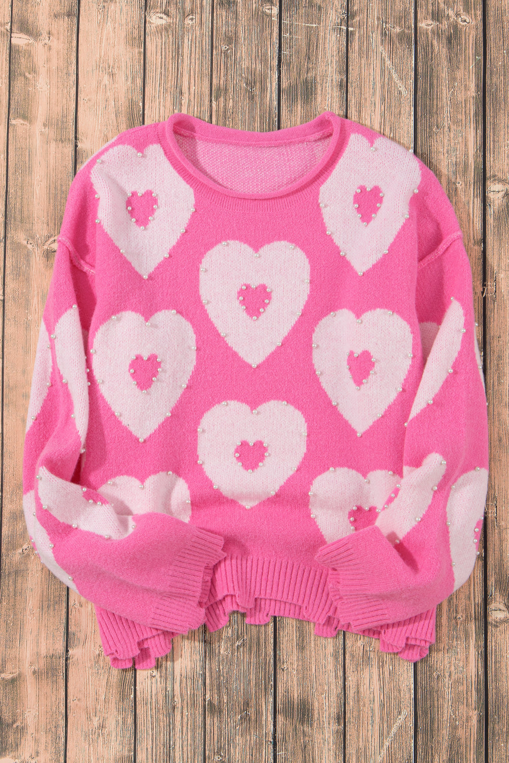 Bonbon Pearl Beaded Heart Drop Shoulder Sweater Sweaters JT's Designer Fashion