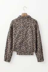 Dark Khaki Leopard Print Corduroy Irregular Hem Buttoned Jacket Jackets JT's Designer Fashion