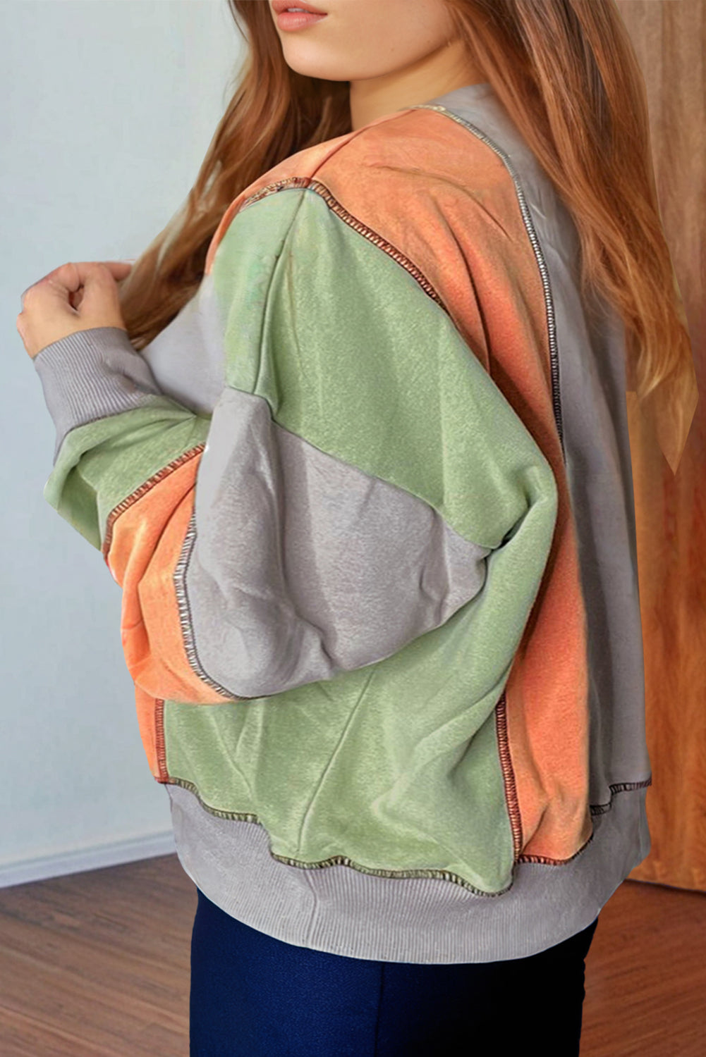 Light Grey Color Block Stitching Detail Half Zipper Sweatshirt Sweatshirts & Hoodies JT's Designer Fashion