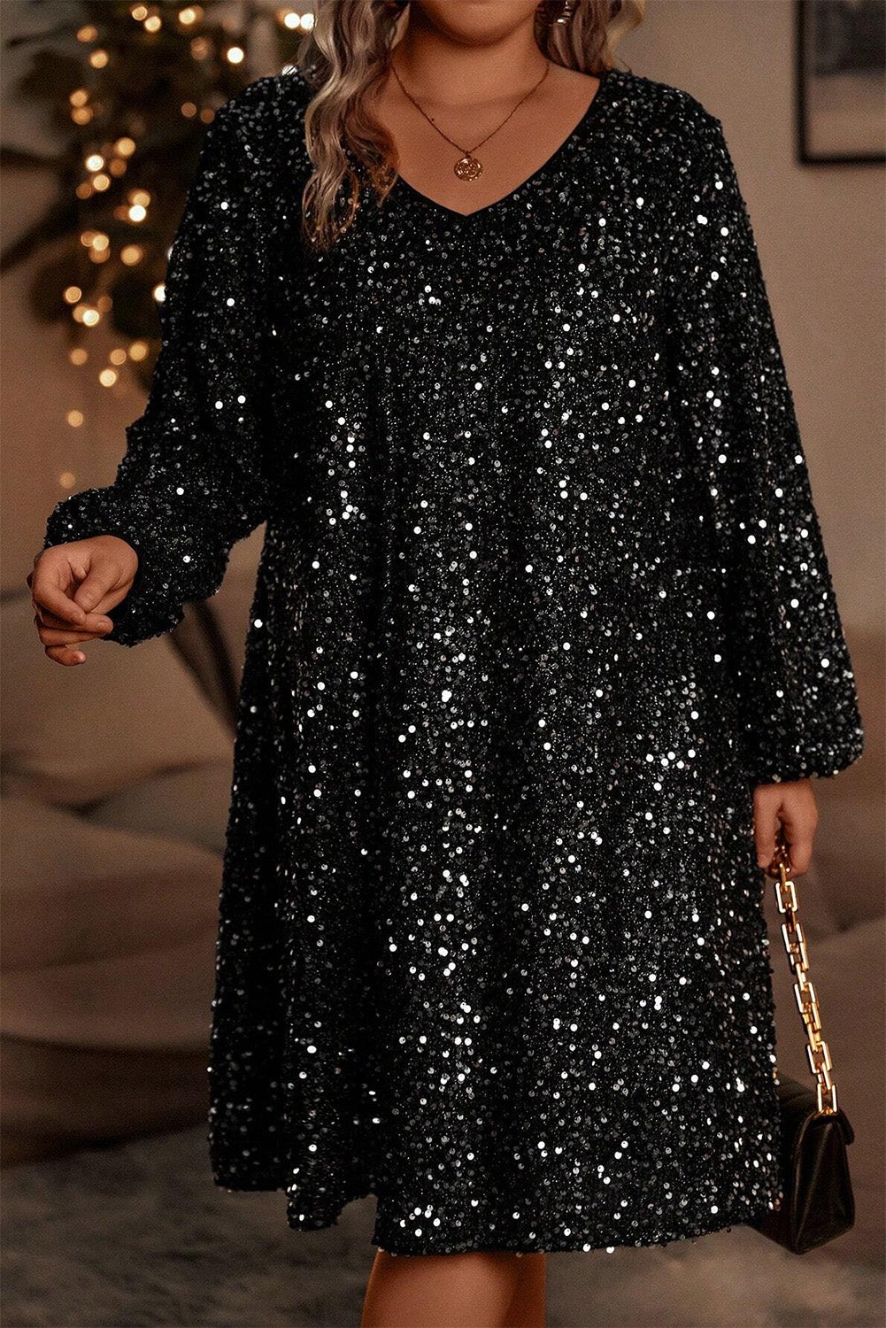 Color black Plus Size Bubble Sleeve V Neck Sequin Dress Plus Size Mini Dresses JT's Designer Fashion