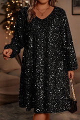 Color black Plus Size Bubble Sleeve V Neck Sequin Dress Plus Size Mini Dresses JT's Designer Fashion